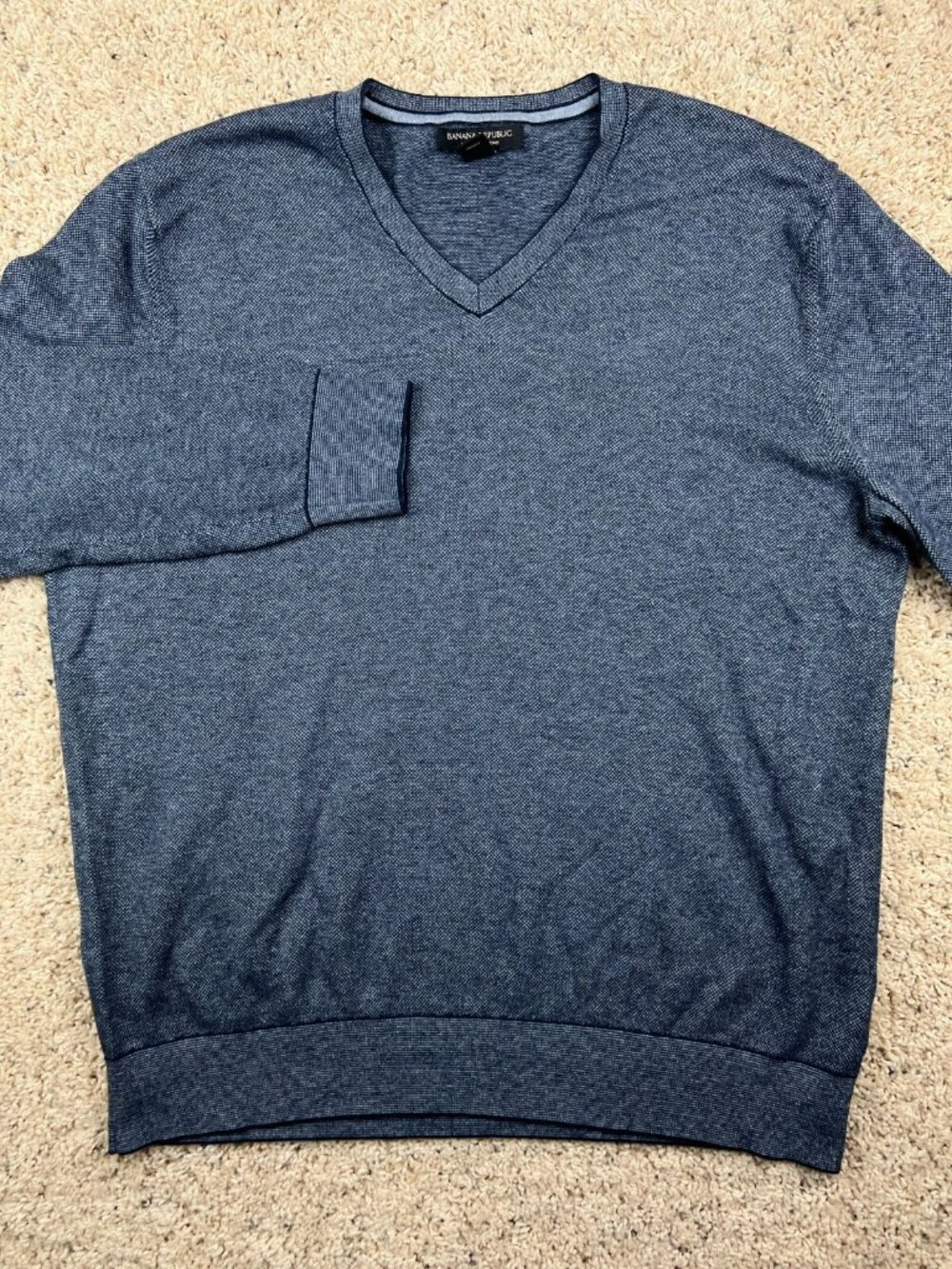 Banana Republic Sweater Mens Large Blue Cotton SILK Cashmere Knit Sweater V NECK